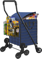 Grocery Shopping Cart with Waterproof Liner Stair Climber Utility Cart Easily Collapsible Cart with Tri-Wheels, 66lb Extended Foam Cover, Trolley for Stair, Laundry, Travel (Blue-)