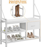 Lulive Hall Tree, 31.5” Entryway Bench with Coat Rack freestanding, 5 in 1 Intelligent Design Shoe Bench and Wall Rack 17 Hooks and Drawers (White)