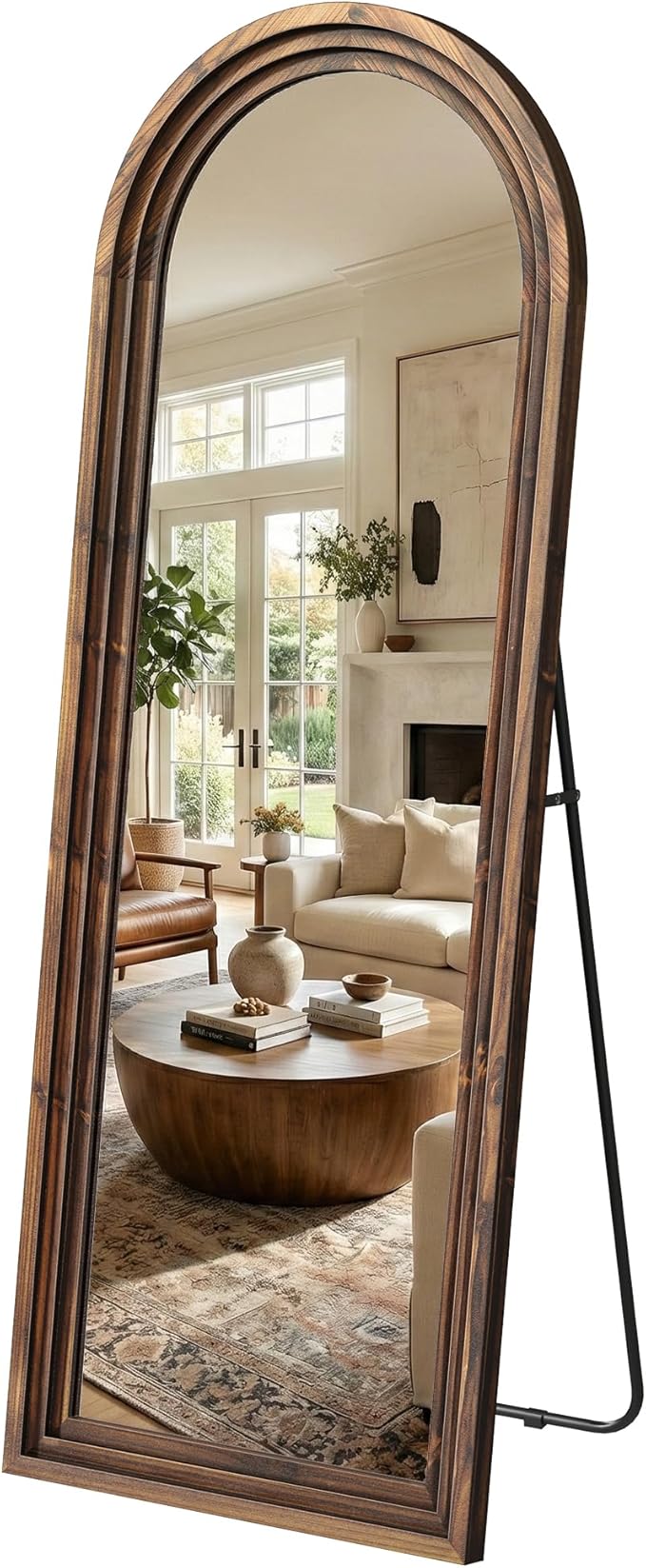 Arched Full Length Floor Mirror 63"x21", Triple-Layer Solid Wood Frame, Rustic Farmhouse Full Body Mirror with Stand for Bedroom, Entryway & Living Room, Walnut Finish