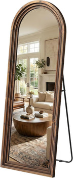 Arched Full Length Floor Mirror 63"x21", Triple-Layer Solid Wood Frame, Rustic Farmhouse Full Body Mirror with Stand for Bedroom, Entryway & Living Room, Walnut Finish
