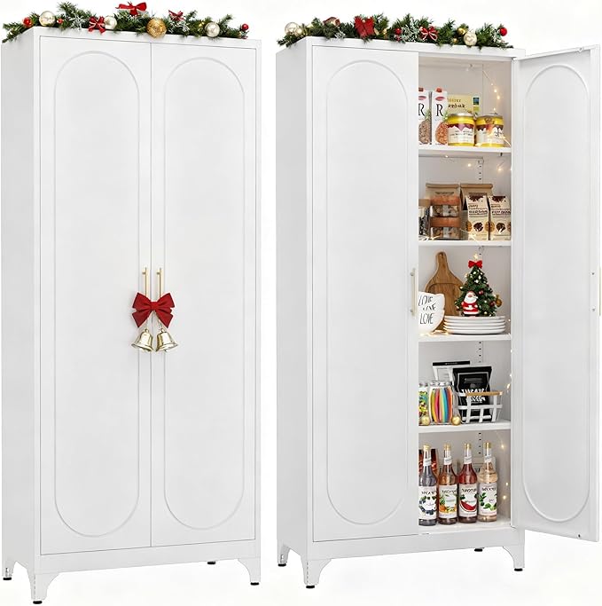 Kitchen Pantry Cabinet,75 Inch White Metal Storage Cabinet with Door and Adjustable, Tall Pantry Cabinets for Kitchen Storage,Cupboard for Living Room,Dining Room and Bathroom
