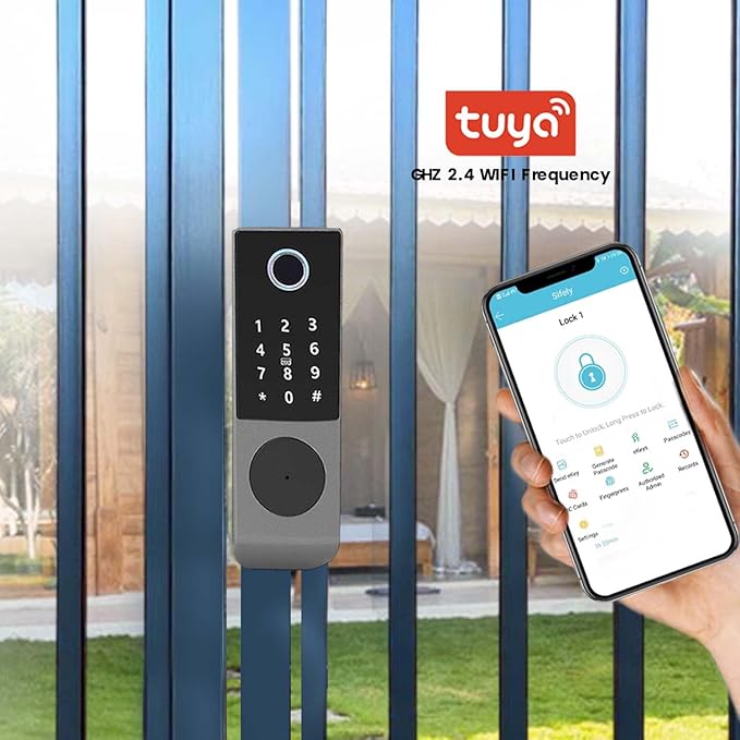 smart latch double gate lock, electronic gate latch for outdoor fence, waterproof keyless smart rim lock, electric double sided keypad locks, Fingerprint, Passcode, Key, IC Card, Tuya App