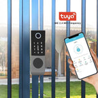 smart latch double gate lock, electronic gate latch for outdoor fence, waterproof keyless smart rim lock, electric double sided keypad locks, Fingerprint, Passcode, Key, IC Card, Tuya App