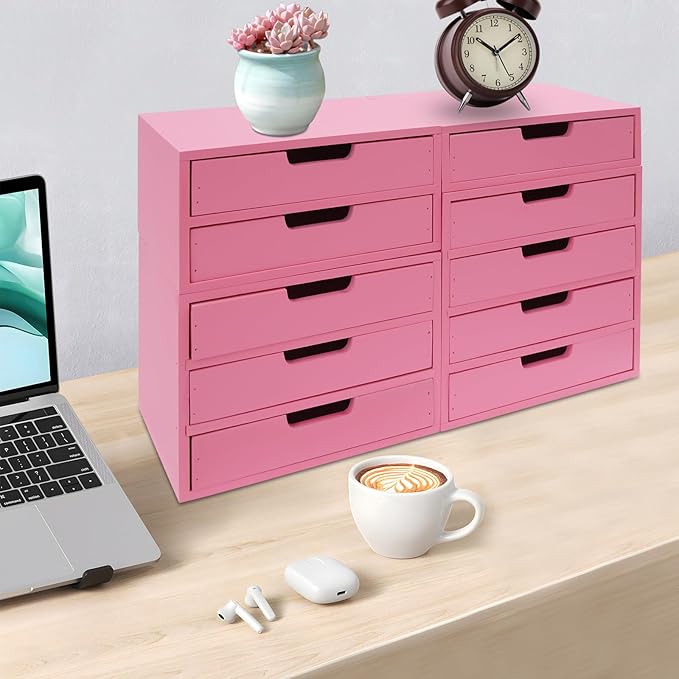 4-piece Drawer Cabinet, Organizer Sorter Container Keeper Unit Storage Box Stackable Chest Divider Shelf System with 10 Drawers & 4 Stackable Units for Home Office Study Room Dorm Bedroom(Pink)