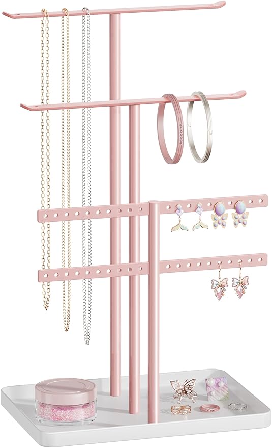 pickpiff Pink Jewelry Stand Holder Organizer: 12.5" Sturdy Hanger for 80 Pcs Jewelry, Jewlery Tower for Display Necklace, Earring, Bracelet, Watch