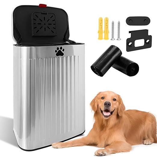 2.1Gal Dog Waste Trash Can, Wall-Mounted, Stainless Steel, 8L, Silver, Rectangular, Heavy Duty, Open-Top, 8.7 x 6.1 x 12.5 inches, 40 Bags Included