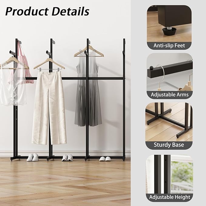 Black Clothing Racks with 8 Arms, Metal Clothing Racks for Hanging Clothes, Freestanding Garment Rack Heavy Duty, 46" to 63" Adjustable Height Retail Clothing Rack for Boutiques Display