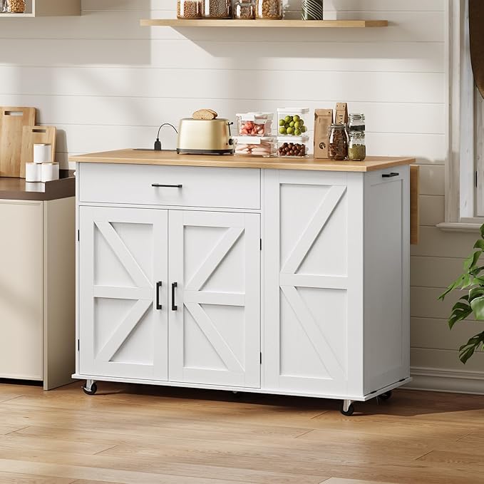 HOOBRO Kitchen Island with Power Outlet & Drop Leaf, Rolling Kitchen Island with Trash Can Storage, Island Table with Storage Cabinet, Towel Rack, for Dining Room, White and Natural WN50UZD01
