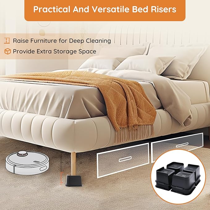 Bed Risers, Oversized Furniture Risers, 3 inch Raise Blocks for Bed Couch Desk Sofa Table Lifts, Furniture Legs Lifters Support up to 6000 Lbs (Black, 8 Pack Set)