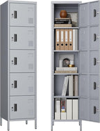 Aobabo 16" W 5 Door Metal Storage Locker with Lock, 66" H Steel Locker with Name Card Holder and Metal Leg for School, Home, Office, Playroom, Assembly Required, Dark Grey