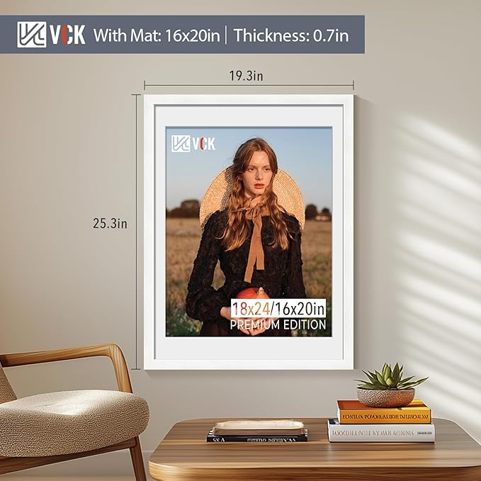 VCK 18x24 Frame 2 Pack, Exclusive Textured Solid Wood Poster Frame, Display Picture 16x20 with Mat or 18x24 without Mat, White