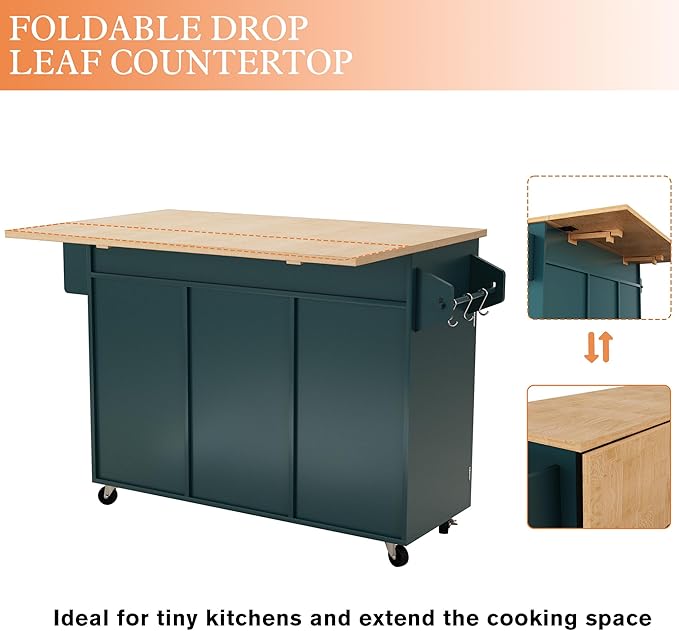 HLR Kitchen Island On Wheels, Dark Green Rolling Kitchen Islands Cart with Drop Leaf Countertop, Barn Door Kitchen Island with Storage Cabinet and Tower Rack, Island Table for Kitchen