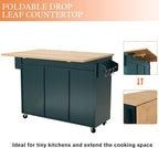 HLR Kitchen Island On Wheels, Dark Green Rolling Kitchen Islands Cart with Drop Leaf Countertop, Barn Door Kitchen Island with Storage Cabinet and Tower Rack, Island Table for Kitchen