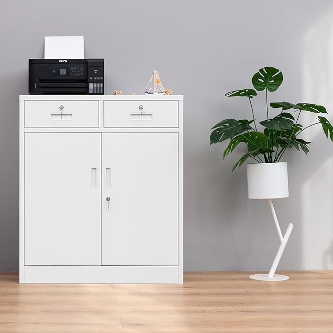 Metal Storage Cabinet, Locking Storage Cabinet with Adjustable Shelf, 36" H Metal Cabinets with 2 Drawers for Office, Garage, Home-White
