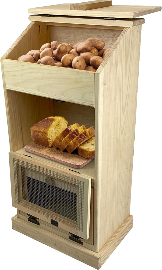Peaceful Classics Wooden Bread Storage Bins, Decorative Potato and Onion Storage Bin, Potato Bin, Wooden Vegetable Storage w/Lid for Kitchen Pantry, Unfinished, 17"W x 12"D x 35"H