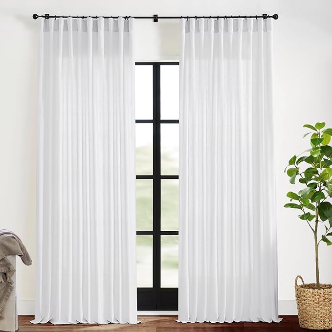 XTMYI 108 Inch Length White 2 Panels Back Tab/Hook Belt Linen Cotton Sheer Curtains for Bedroom,70 Inch Wide