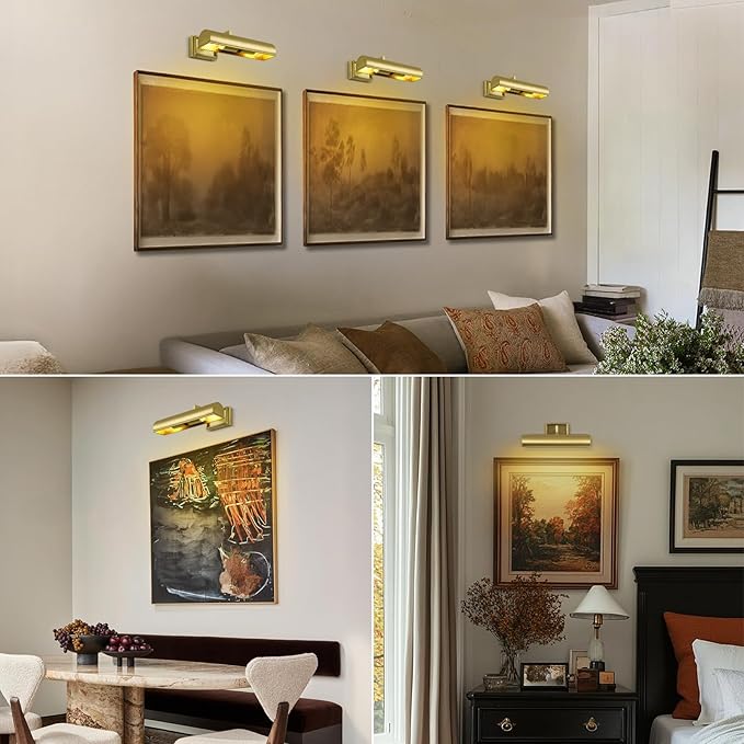 Modern 12in Brass Picture Lights for Wall Hardwired, Gold Picture Light Adjustable Picture Frames Lights Wall Sconce for Painting, Artwork, Gallery, Bookshelves Includes Bulbs