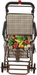 Shopping Cart, 220lbs Foldable Shopping Cart, Utility Cart with Seat & 360° Wheels, for Groceries, Laundry, Camping (Checkered)