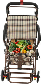 Shopping Cart, 220lbs Foldable Shopping Cart, Utility Cart with Seat & 360° Wheels, for Groceries, Laundry, Camping (Checkered)