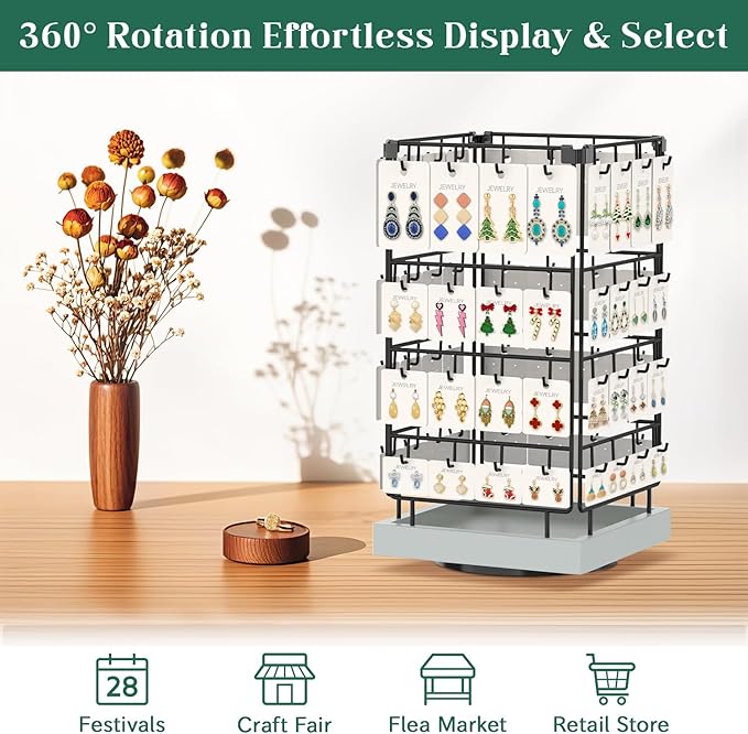 EsLuker.ly Rotating Earring Display Holder Stand for Vendors Events Selling, Large Capacity 64 Hooks Jewelry Rack with Wooden Base for Earring Card Sales, Enhances Retail Visibility (Light Grey)