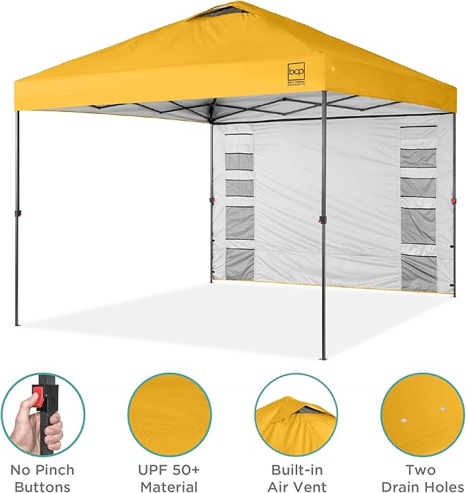 Best Choice Products 10x10ft Easy Pop Up Canopy w/Side Wall, 10 Pockets, Portable Carrying Case, 1-Button Setup, 4 Weight Bags - Marigold