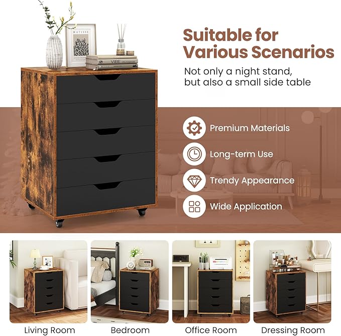 LOKO 5-Drawer Storage Cabinet, Versatile Drawer of Chest with Lockable Wheels, Mobile Office Lateral File Cabinet, for Home Office, Study (Rustic Brown + Black, 16" D x 19.5" W x 25.5" H)