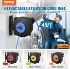 VEVOR Retractable Extension Cord Reel, 45 FT, Heavy Duty 12AWG/3C SJTOW Extension Power Cord with Lighted Triple Tap Outlet, 15A Circuit Breaker 180° Swivel Bracket for Ceiling or Wall Mount, Blue