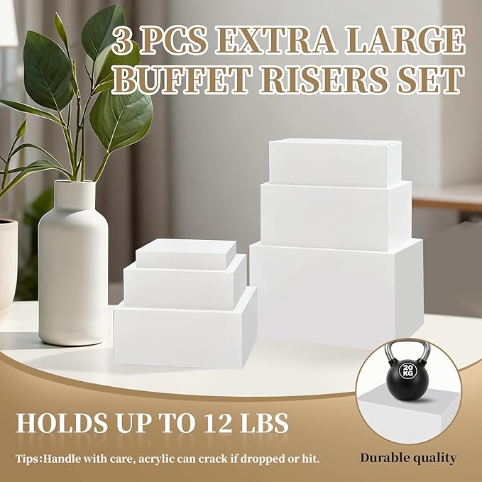 Extra Large Buffet Risers Set, 10" 12" 14" White Acrylic Food Risers for Buffet Table, Display Stand Shelf with Hollow Bottoms for Catering Dessert Collectibles Jewelry Figures Show (White)