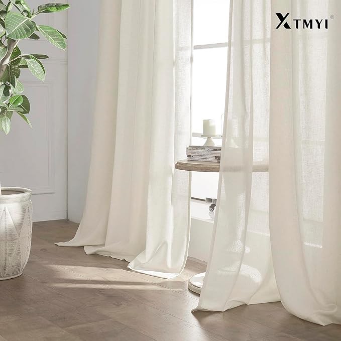 XTMYI 105 Inch Curtains 2 Panels Set Custom Length Back Tab Linen Window Sheer Curtain Drapes for Living Room Bedroom,50x105 in Long,Cream(Ivory/Off White)