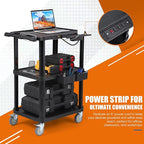 ELAFROS Heavy Duty 3-Tier AV Cart with Power Strip, 27.5 x 18.25 Inch, Industrial Plastic, 330 lbs Capacity, Flat Top Shelves with Swivel Wheels – Multipurpose Rolling cart