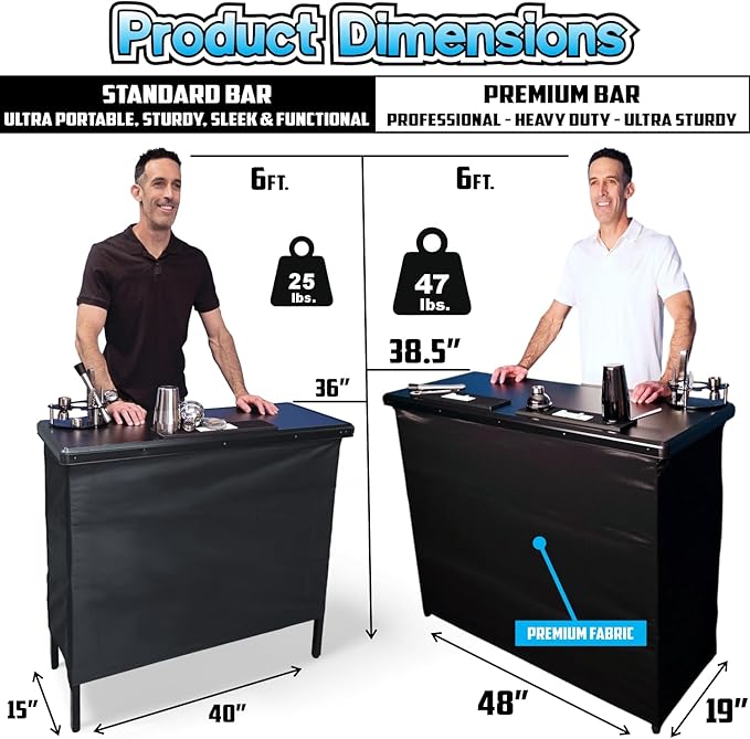 PartyLife New & Improved Portable Bar Table w/Folding Legs, 2 Bar Skirts, Heavy-Duty Storage Shelf & Carrying Case - Custom