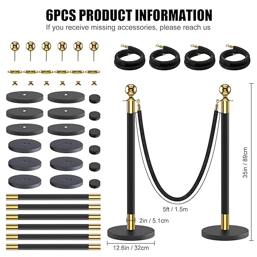 kaiyomi 6Pcs Stanchions with Black Velvet Ropes Set, 5 Feet Velvet Ropes and Posts Poles for Red Carpet Party Decoration and 360° Photo Booth (Golden & Black)