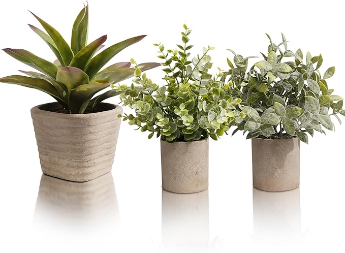 3 Pack Small Fake Plants, 11.42 Inch Artificial Agave Plants in Pots, Faux Eucalyptus Plants Indoor for Home Room Office Bathroom Bedroom Kitchen Farmhouse Shelf Greenery Decor