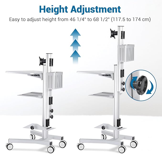 Yescom Mobile Computer Cart Rolling PC Stand Desk Workstation on Wheels with Monitor Mount Adjustable Keyboard Tray CPU Printer Holder for Hospital Clinic School Office Silver