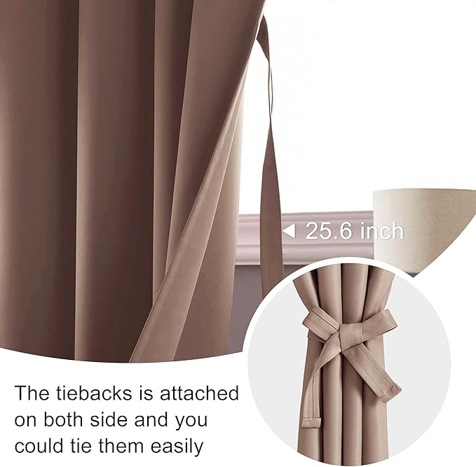 JIUZHEN Blackout Curtains for Bedroom - Thermal Insulated Room Darkening Rod Pocket Curtains for Living Room, Set of 2 Panels with Tiebacks, 38 x 84 Inch Length, Cappuccino