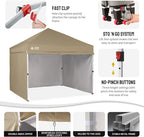 CROWN SHADES 10X10 Comercial Instant Canopy Pop Up Tent with Center Lock, 300D Fabric, 4 Sidewalls, Sto'N Go Bag, Beige