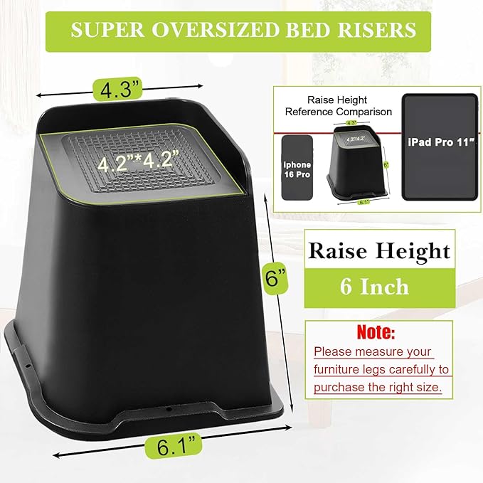 Bed Risers 2 inch, 3 inch, 4 inch, 6 inch, 8 inch Heavy Duty, Oversized Furniture Riser for Couch Sofa Table Chair Leg Frame Dorm, Support up to 6000 Lbs (Black 6 Pack, 6 inch)