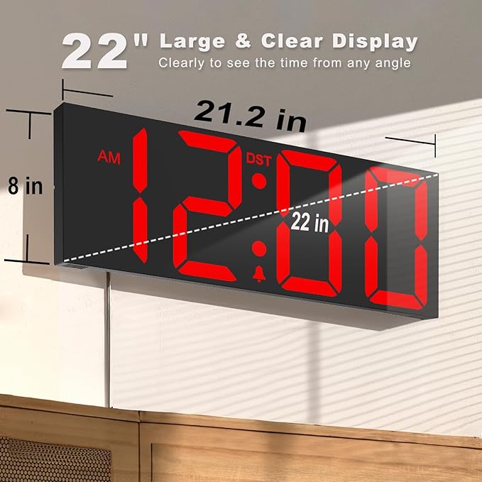 JALL 22'' Large Digital Wall Clock, Big LED Number Dispaly, DST, Night Light for Classroom, Living Room, Bedroom, Mounted, Birthday Xmas Gift for Senior, Mem Womem Mom Dad, Red