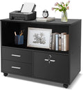 LUCKYERMORE 3-Drawer File Cabinet with Lock, Mobile Home Office Storage Cabinet with Shelves & Printer Stand, Black