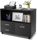 LUCKYERMORE 3-Drawer File Cabinet with Lock, Mobile Home Office Storage Cabinet with Shelves & Printer Stand, Black