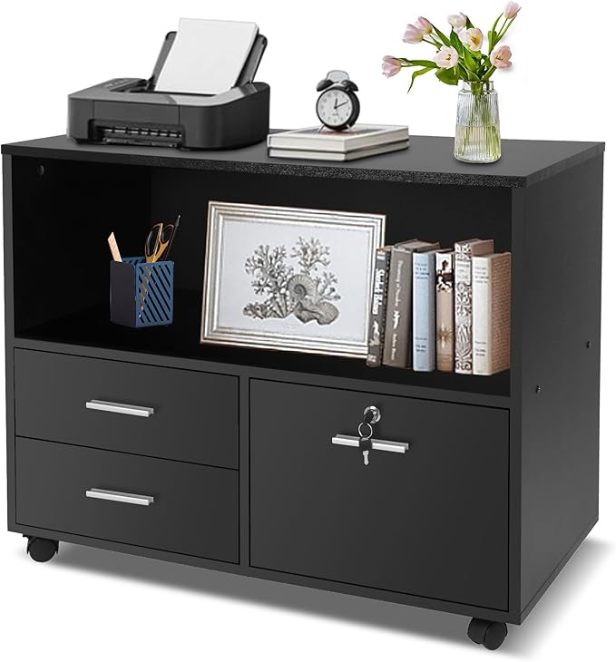 LUCKYERMORE 3-Drawer File Cabinet with Lock, Mobile Home Office Storage Cabinet with Shelves & Printer Stand, Black