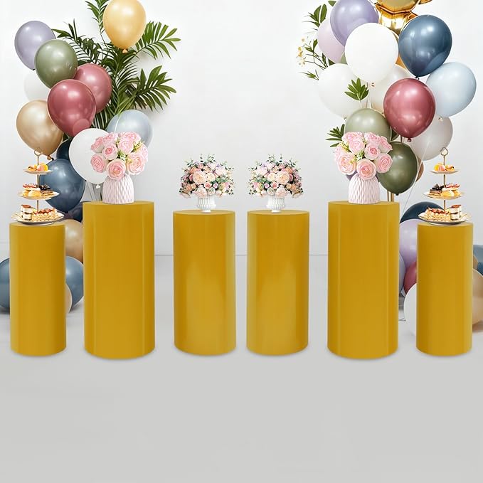 Eapmic Pedestal Stands for Party, Cake Pedestal Stand, Dessert Table Display Plinth Pillars, Sculpture Display Column Decoration Cube for Wedding Birthday (Gold, Cylinder-6Pcs(27.56"+26"+23.62"))