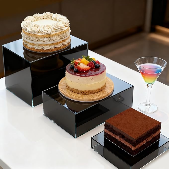 3 PCS Black Extra Large Buffet Risers Set, 10" 12" 14" Acrylic Cube Risers Stands Acrylic Cube Food Display Box Risers with Hollow Bottoms for Party Buffet Table Cupcake Candy Dessert
