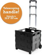 Inspired Living Ultra-Slim Rolling Collapsible Storage Pack-N-Roll Utility-carts, with Telescopic Handle, for Home, Garden, Shopping, Office, School use, Medium, Grey & Black
