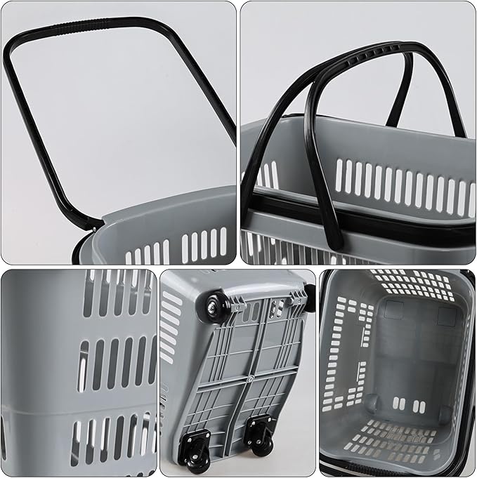 Kekow 50 L Large Plastic Shopping Basket with Wheels, 4 Pack Plastic Rolling Shopping Basket with Wheels and Handle, Gray