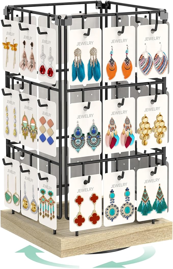EsLuker.ly Rotating Earring Display Holder Stand for Vendors Events Selling, Large Capacity 36 Hooks Jewelry Rack with Wooden Base for Earring Card Sales, Enhances Retail Visibility(Oak Color)
