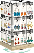 EsLuker.ly Rotating Earring Display Holder Stand for Vendors Events Selling, Large Capacity 36 Hooks Jewelry Rack with Wooden Base for Earring Card Sales, Enhances Retail Visibility(Oak Color)