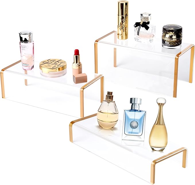 Purse Display Stand, 6mm Thick Clear Acrylic Risers Display Stands, Gold Shoe Display Riser, 3 Pack Luxury Handbag Bag Wallet Shoes Jewelry Perfume Display Showcase for Closet Retail Vendor Store