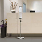 New Star Foodservice 1028881 Freestanding Adjustable Floor Stand for Hand Sanitizer Dispenser with Drip Tray and Weighted Base, Customizable, Stainless Steel, Round Base