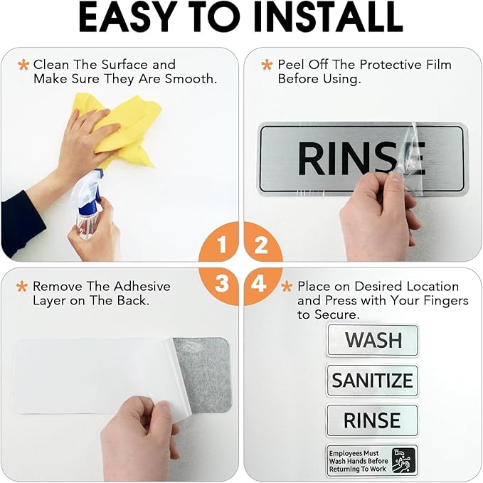 Faittoo Wash Rinse Sanitize Sink Labels Signs with Employees Must Wash Hands Sign, (4 Pack) 9" x 3" Rust Free Brushed Aluminum Sign, Self-adhesive, for Restaurant, Hotel, Rest Stops, Company